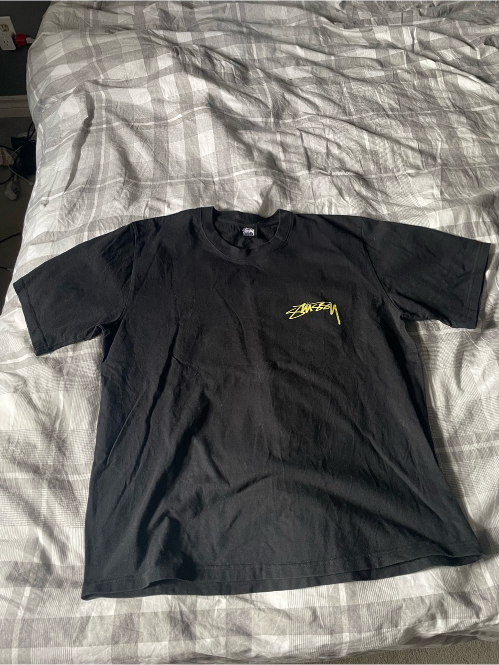 Stussy Black Short-Sleeve Tee with Yellow Logo